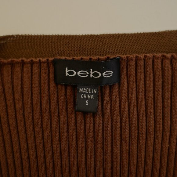 Bebe Brown Plunging V-Neck Leather Button Cardigan Sweater Ribbed Cotton Small - Picture 7 of 7
